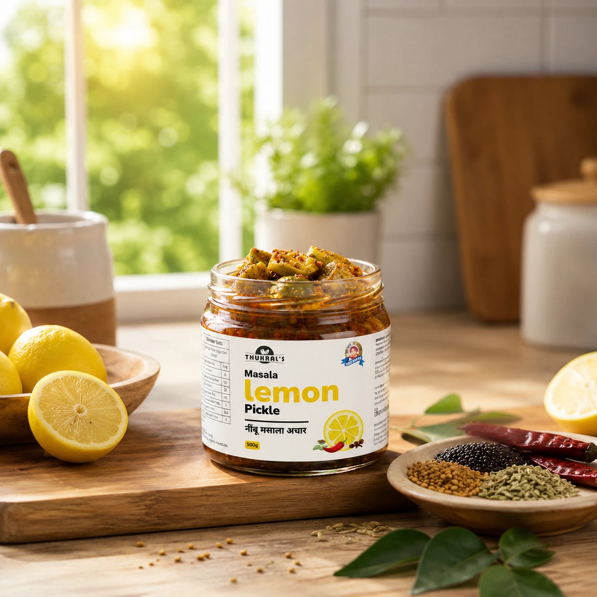 Jar of lemon pickle on a wooden cutting board with lemons and spices in a kitchen setting