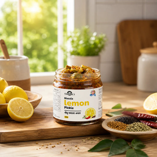 Jar of lemon pickle on a wooden cutting board with lemons and spices in a kitchen setting